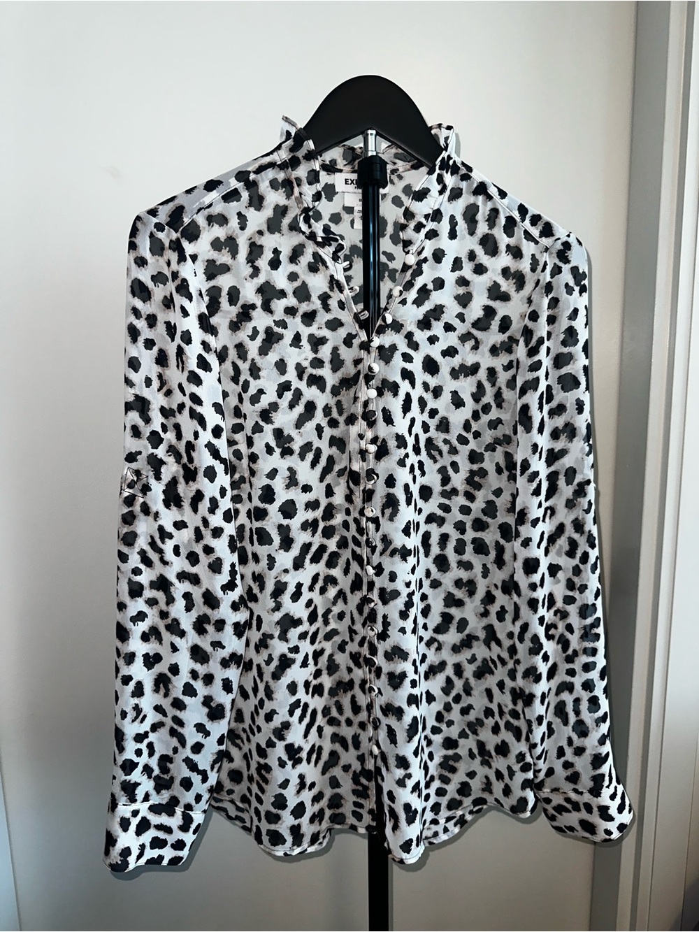 Express Black and White Leopard Print Ruffle Collar Blouse